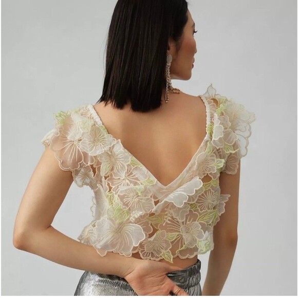 Anthropologie Top Sheer Ecru Green Applique Embroidered Flowers Cap Sleeves Sz L - Picture 10 of 10